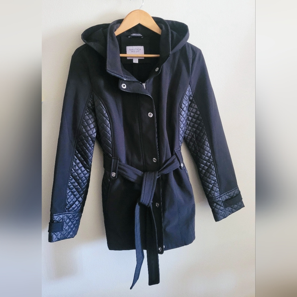 Nautica Multi Layer Hooded & Belted Mid Length Jacket, Women's XL, Black